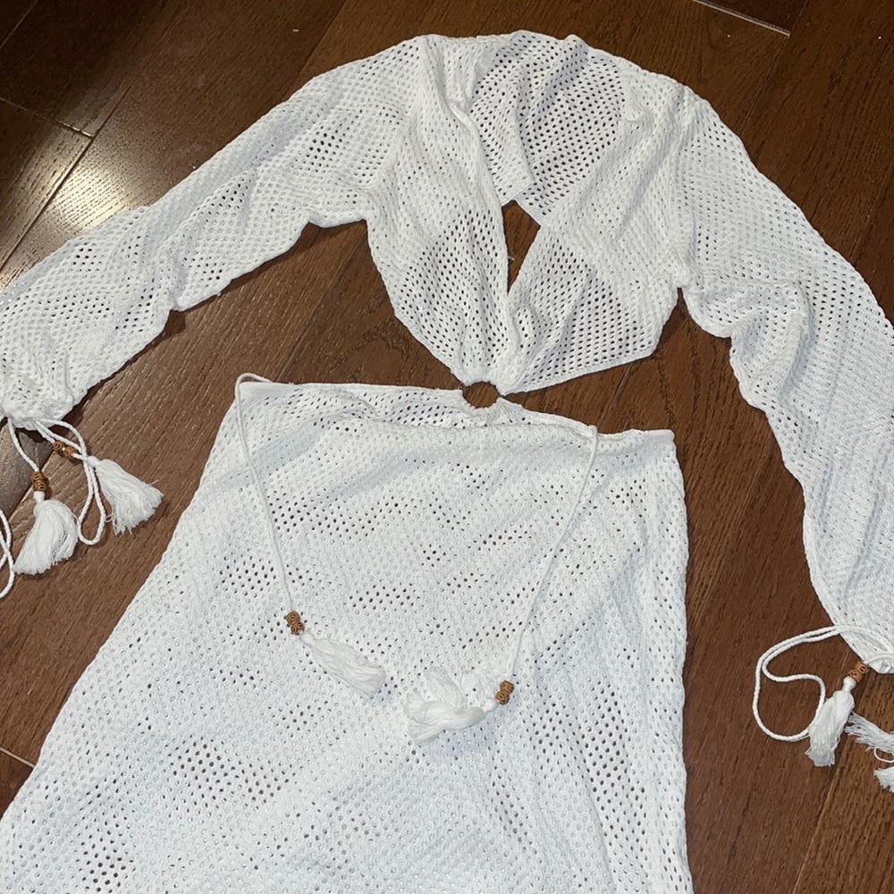 White Long Sleeve Mesh Coverup Dress